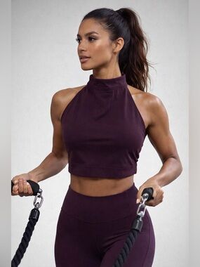 Athleta Deep Plum High Neck Crop Open Back Luxe Athleisure Gym Yoga Sculpt Tank